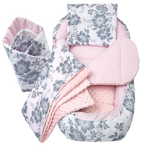 Medi Partners 5 teilig Babynestchen Set Babynest 100x60x15 herausnehmbarer Einsatz Bett Kuschelnest Krabbeldecke Babys Neugeborene 100% Baumwolle (Berry mit Rosa Minky)