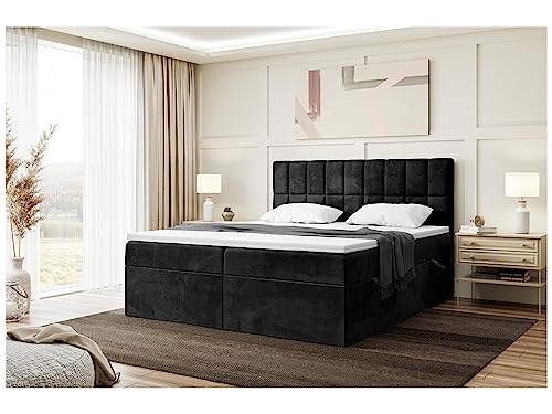 MEBLINI Boxspringbett mit Bettkasten - Gepolstert Doppelbett mit Matratze und Topper - Polsterbett mit Stauraum - Bett mit Kopfteil - Stauraumbett - LUKAS - 160x220 - H3/Schwarz Samt
