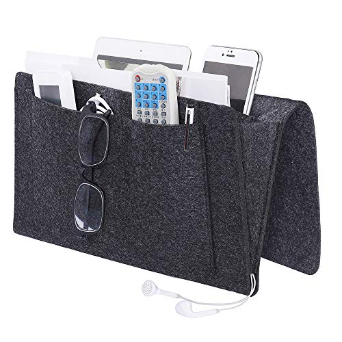 MaoXinTek Betttasche, Filz Bett Caddy Organizer zum Einhängen Nachttisch Tasche Sofa-Bett Dicke Filz mit Kabellöchern Anti-Rutsch für Buch, Zeitschriften, iPad, Handy, Fernbedienung, Dunkelgrau