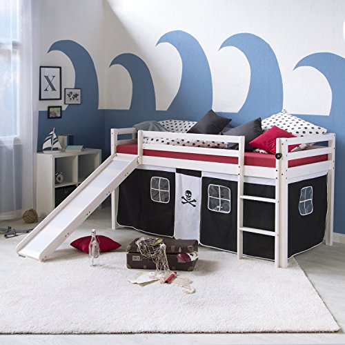 Homestyle4u 1542, Kinderbett Hochbett 90x200 mit Treppe Rutsche Vorhang Pirat Weiß Schwarz Bettgestell Massivholz Kiefer