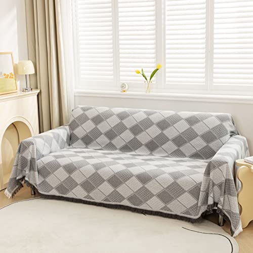 LHGOGO Rautenmuster Sofaüberwurf Decke Umkehrbare XXL großer Couch Überwurf Sofa Cover dekorativer Sofabezug Sofadecken zum Abdecken Tagesdecke mit Quasten - Hellgrau, 180x300cm