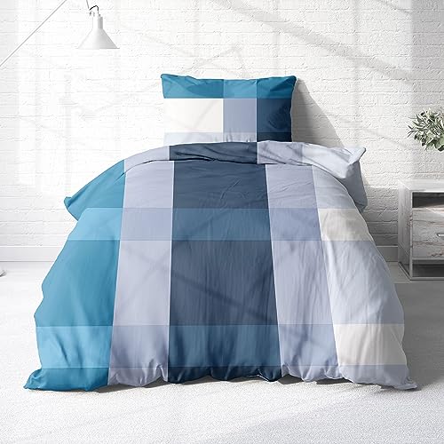 Träumschön Bettwäsche 155x 220 Biber Reißverschluss Blau | Bettwäsche-Set Blau Karo Design | Biber Bettwäsche 155x220 2tlg | Kuschelige Bettwäsche