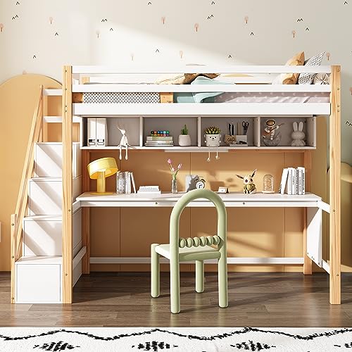 Hochbett mit Schreibtisch und Bücherregal für Kinder, Kinderbett mit 4 Schublade Stauraumtreppe,Rausfallschutz und Lattenrost,90x200cm Funktionsbett Etagenbett Stockbett Kinderhochbett Jugendhochbett