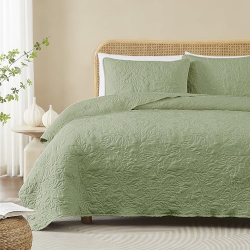R.SHARE Tagesdecke Stickerei 220x240 cm (mit 2 Kissenbezüg), Kuscheldecke Flauschig Decke Blattmuster, Ultra Weiche Sofaüberwurfdecke, Wohndecken Steppdecke aus Mikrofaser-Grün