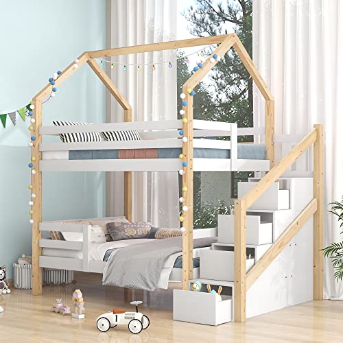 KecDuey Kinderbett 90 X 200 cm Hausbett aus Kiefernholz Etagenbett, Bett mit,Leiter,Leiterschrank und Lattenrost ohne Matratze