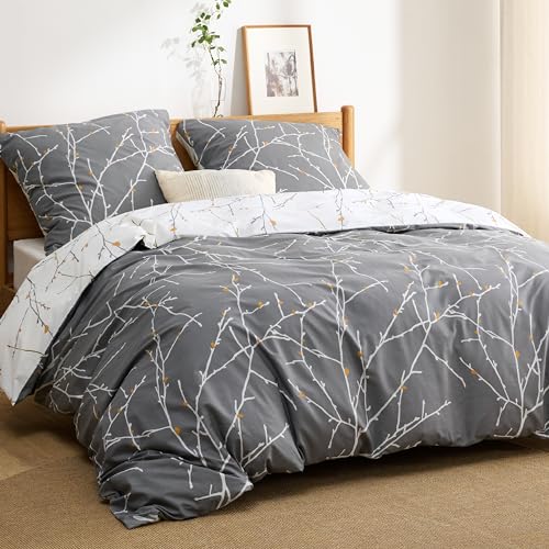 BEDSURE Bettwäsche 220x240 Baumwolle Grau - Bettwäsche-Sets 220 x 240 cm Bettbezug 3teilig mit 2 Kissenbezüge 80x80 cm, Bettwäsche Warm mit Reißverschluss Zweige Muster