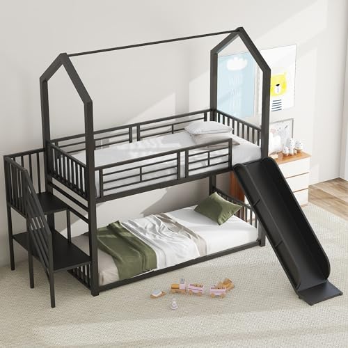 Platzsparendes Etagenbett 90x200 cm für Kinder, Eisenrahmenbett Hochbett Hausbett mit Winkelaufstiegsleiter und Rutsche, Kinderbett mit Absturzsicherung, Bettgestell aus Stabil Metall-Eisen, Schwarz