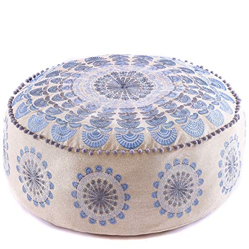 Mandala Life ART Blauer Pouf Rund Mit Ponpon Sitzpouf Groß Dekorist Cozy Groß Bodenkissen Boho Haustierbett Orientalische Sitzecke 100% Baumwolle Ungefüllt 60X20Cm