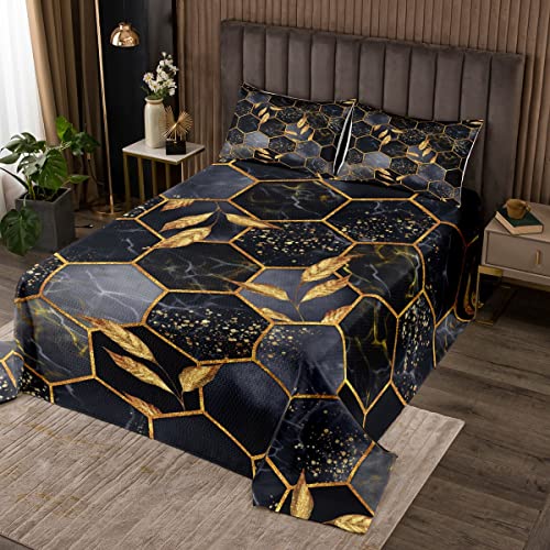 Loussiesd Honigcomb Bettüberwurf Jungen Mädchen Schwarz Marmor Tagesdecke 170x210cm für Kinder Modern Marmor Aesthetic Steppdecke Geometrischal Gold Schwarz Wohndecke Dekor Doppelbett Gesteppt