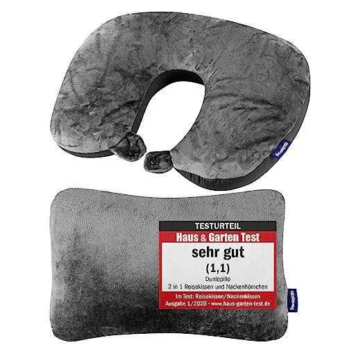 Shopping Hero Reisekissen - 2in1 Memory Foam Nackenkissen Stützkissen,Nackenhörnchen, 31x21 cm - Travel Pillow by Dunlopillo für Flugzeug, Camping, Reise - Ergonomisches Kopfkissen mit Microperlen