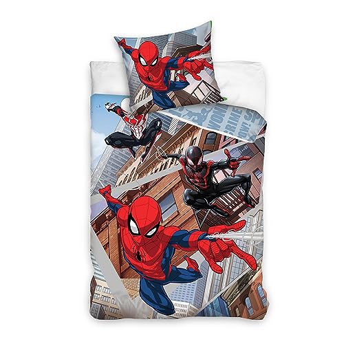 Spiderman Wende-Bettwäsche Set 135x200 80x80 cm · Winterbettwäsche in Biber Flanell Qualität aus 100% Baumwolle mit Reißverschluss · Marvel Spiderman Bettwaesche blau rot für Jungen