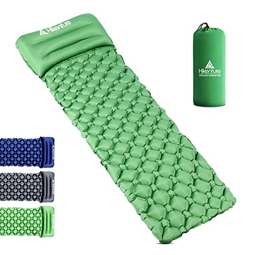 HIKENTURE Camping Isomatte Kleines Packmaß - Ultraleichte Aufblasbare Isomatte - Sleeping Pad für Camping, Reise, Outdoor, Wandern, Strand (Grün mit Kissen)