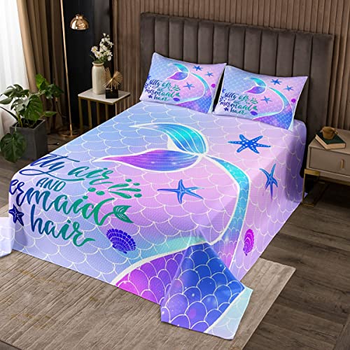 Meerjungfrau Gesteppt Süße Kinder Tagesdecke Meerjungfrau 170 x 210 MäDchen Kinder Teenager Tagesdecke Quilt-Set Muschel Seestern Meeresleben Tagesdecke Pastell Pink Blau Lila Prinzessin Zimmer Dekor