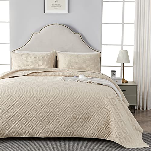 Qucover Tagesdecke Bettüberwurf 180x220cm Beige, Bedspreads aus Mikrofaser, Bettüberwuf Set mit 1 Kissenbezug 50x75cm, Steppdecke bei 3D-Ultraschal genäht, Sofaüberwurf Bettüberwurf Überwurfdecke