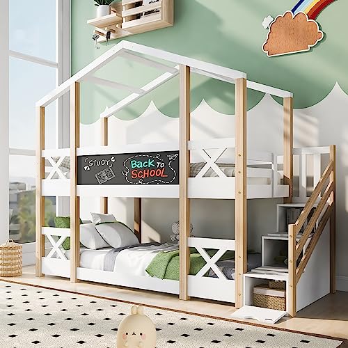 HESHU Hausbett Kinderbett mit Ecktreppe und Fallschutz, Etagenbett mit Treppe 2 Kinder 90 x 200cm, Hochbett für Kinder, 2X Lattenrost, Stockbett Jugendbett