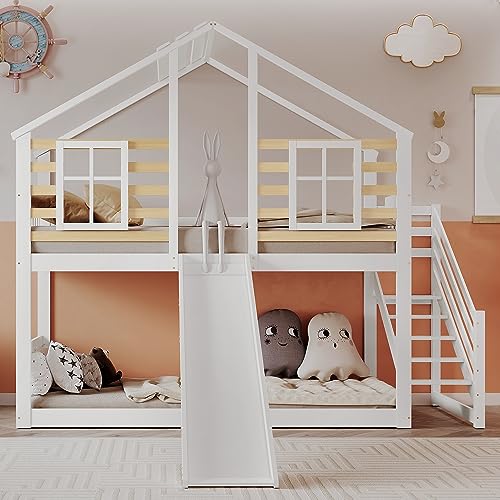 Becag Kinderbett Etagenbett 90x200, Hausbett Hochbett mit Treppe und Rutsche, Baumhaus Holzbett Bettgestell mit Rausfallschutz und Gitter, 1x Lattenrost, Bettrahmen aus Massivholz, Ohne Matratze, Weiß