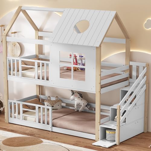 FEZTOY Kinderbett Etagenbett 90 x 200, Hausbett für 2 Kinder, Hochbett mit Lattenrost, Treppe und Rausfallschutz, Baumhaus Bett mit Fenster und Dach, Kiefer+MDF, Ohne Matratze.