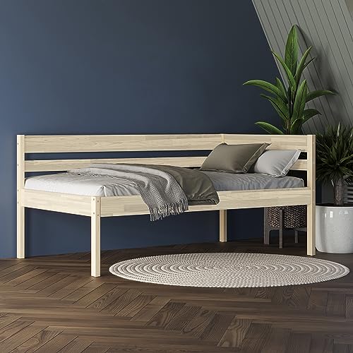 Hansales Seniorenbett 90x200 cm Anu Scandi Style aus hartem FSC® Birken Vollholz ohne Rollrost - über 350 kg - Holzbett 55 cm hoch mit winkelförmiger Rückenlehne - Stabiles Einzelbett für Senioren