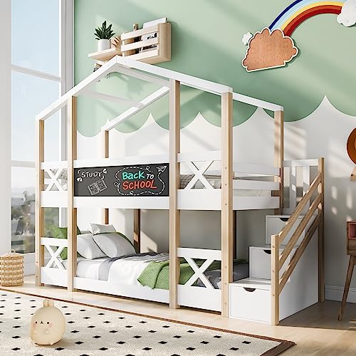 Kehun Etagenbett Kinderbett 90 x 200, Hausbett für 2 Kinder, Hochbett Holzbett mit Lattenrost und Schublade, Baumhaus Bett mit Rausfallschutz und Treppe, Weiß, Ohne Matratze