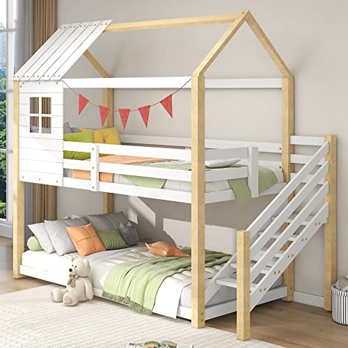 Rtopsu Kinderbett Etagenbett 90x200 cm mit Treppe für 2 Kinder, Hochbett Baumhausbett mit Dach und Fenster, Bett Bettgestell mit 1 x Lattenrost aus Holz, Natur, Ohne Matratze