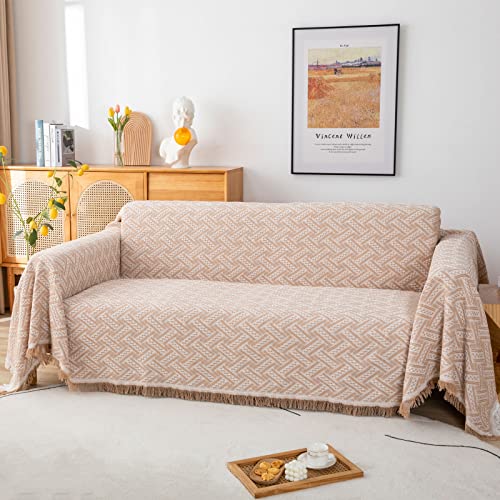 LHGOGO Sofaüberwurf Überwurfdecke für Sofa Groß, Vielseitig Wendbare Couch Überwurf Leicht sofadecke für 3 Sitzer Sofa, Bett mit Dekorativen Fransen 180x300cm, Beige