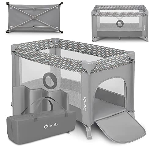 LIONELO Stefi Baby Laufstall, Kinderbett, Reisebett ab Geburt bis 15 kg, Seiteneingang, Sicherungssystem LockGuard, Blockade der Räder, Tragetasche, zusammenklappbar