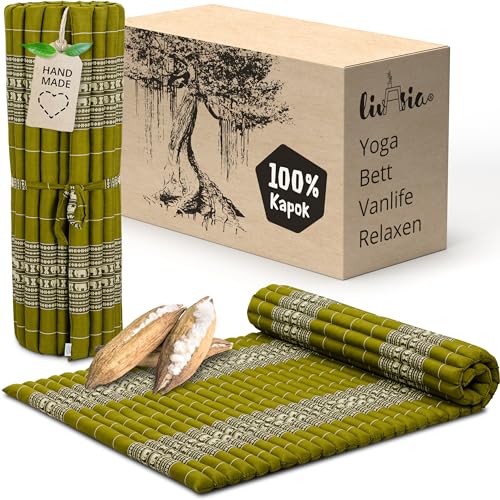livasia Rollmatte Rollmatratze L breit bequem, Gästebett Gästematratze 1 Person, Reisebett Kofferraum outdoor, Thaimatte Kapok Garten Balkon handgefertigt 200x110x4,5cm (Grün/Elefanten)