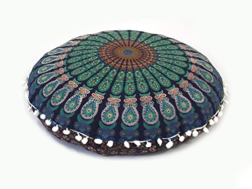 Runder Mandala-Bodenkissenbezug, Sitzkissen, Überwurf, Hippie, dekorativer Bohemian-Pouf, Pom Pom Kissenbezüge, Boho, indisch, 56 cm