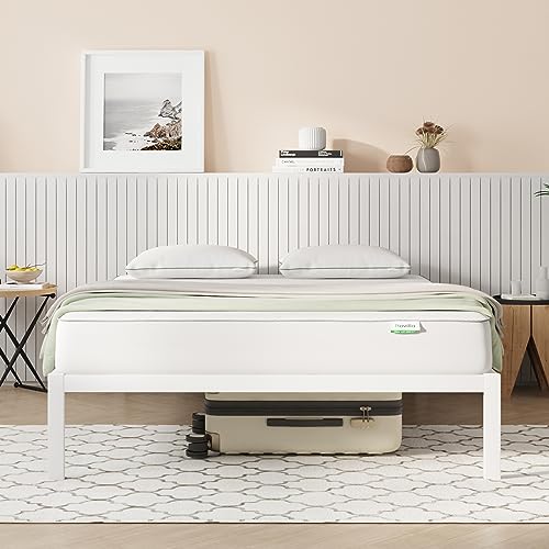 Novilla Bettgestell 140 x 200 cm, Bettrahmen mit Lattenrost, Bettgestelle aus Metall mit Lattenrost, Doppelbettgestell, Stauraum unter dem Bett, Einfach Montage, Weiß
