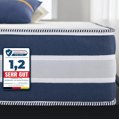 Arensberger RELAXX Gel-Matratze 90x200 cm mit 3D-Memory Schaum - 25cm Höhe, Härtegrad H2 oder H3 (wendbar), 7 Zonen, Öko-Tex Zertifikat - 3 Schichten: Kaltschaum, Visco Smart Schaum, Gel Schaum