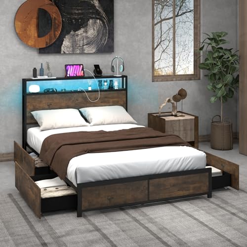 COSTWAY Bett mit LED Beleuchtung, Ladestation & 4 Schubladen, Stauraumbett mit Kopfteil & Lattenrost, industrieller Bettrahmen, Metallbett, Doppelbett 200 x 140 cm