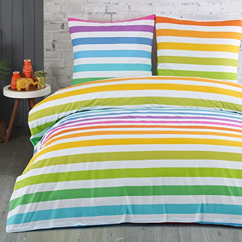 Buymax Bettwäsche 200x220 Baumwolle 3-Teilig Bettgarnitur mit Bettbezug und Kissenbezüge 80x80 Renforce Streifen-Muster Regenbogenfarben Bettwäsche-Set, Bunt Regenbogen