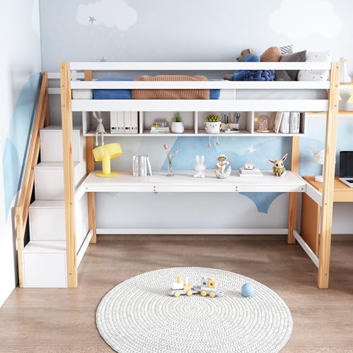 FEZTOY Hochbett mit Bücherregal und Stauraumtreppe für Kinder, Kinderbett mit Schreibtisch, inklusive Lattenrost, 90x200cm, Bettgestell, für Jungen und Mädchen,