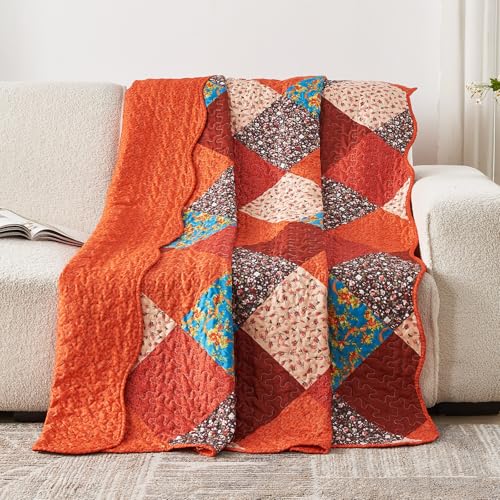 Qucover Tagesdecke 140x200 Rot Orange, Leicht Tagesdecke Patchwork, Tagesdecke 150x200 Bunt, Bedspreads aus Mikrofaser, Schöne Sofa Überwurfdecke, Patchworkdecke für alle Jahreszeiten