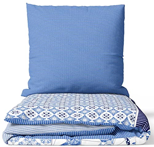 Leonado Vicenti Bettwäsche 200x220 cm Deckenbezug + 2X 80x80 cm Kissenbezug Set Baumwolle Renforce Weiss Blau Knitterfrei Schlafzimmer-Set King Size Reissverschluss...