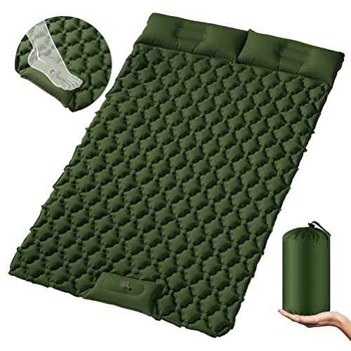 STURME Isomatte Camping für 2 Personen, Selbstaufblasend Isomatte Outdoor mit Fußpumpe, Aufblasbare Luftmatratze Ultraleicht Matratze mit Kopfkissen für Zelte Trekking Wandern, 200x120cm -Armeegrün