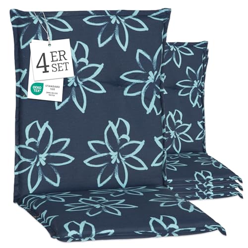 Beo Gartenstuhl-Auflagen Barcelona Niedriglehner 100 x 50 cm (4er-Pack) | Waschbare, UV-beständige Sitz-Kissen | Atmungsaktive Polster-Auflagen nach Öko-Tex Standard | Blaue Blumen | Made in EU