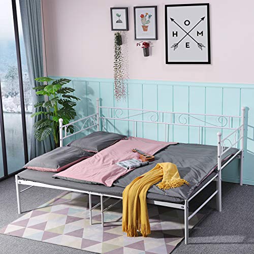 FetiNes Metallbett ausziehbares Bett Tagesbett Funktionsbett Bettsofa Bettgestell, ausziehbares Doppel-Bett, als Jugendbett & Gästebett verwendbar Bett 2X(90x190) cm, Weiß