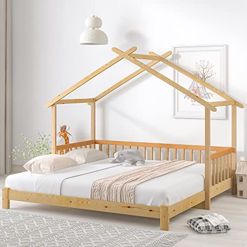 Merax Hausbett 200x180cm, Kinderbett Funktionsbett mit Rausfallschutz und Lattenrost, Erweiterbares Tagesbett Doppelbett, Holz Baumhausbett für Mädchen & Jungen, Naturfarbener