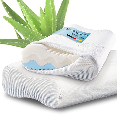 2er-Set Nackenstützkissen individueller Härtegrad 4-fache Höhenanpassung 3D-Abstandsgewebe orthopädisches, ergonomisches Kopfkissen mit Memory Foam inkl. Aloe Vera Klima-Bezug 60 x 35 cm, Viskoschaum