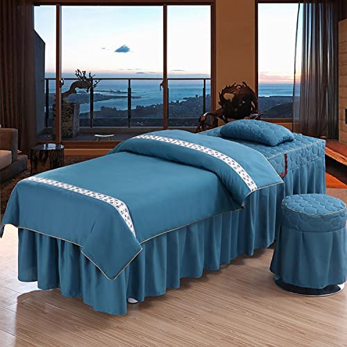 4-teiliges Set Massagetisch-Bettlaken-Set, Massagebettbezüge, Baumwoll-Massagetischwäsche, Massage-Tagesdecke im europäischen Steppdesign (blau 80 x 190 cm)