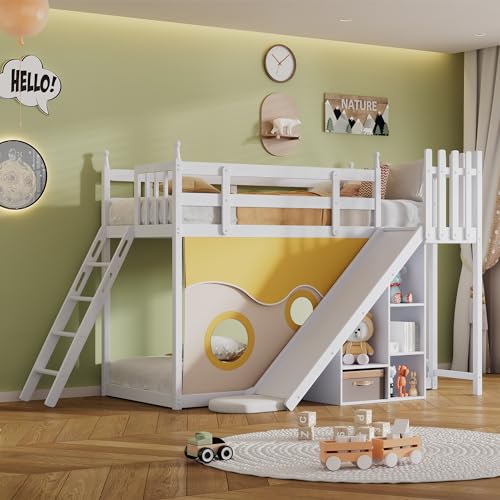 LATICO Kinderbett Etagenbett 90x200, Hausbett Hochbett mit Leiter & Rutsche, mit Bettvorhang & Stauraum Regal, Holzbett Bettgestell mit Rausfallschutz und Lattenrost, Jugendbett, Ohne Matratze (Weiß)