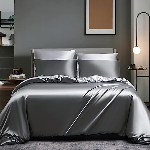 Boqingzhu Satin Seide Bettwäsche 135x200cm Grau Dunkelgrau Anthrazit Hellgrau Uni Luxus Glanzsatin Wende Kühlende Bettwäsche Set Glatt Glänzend Bettbezug und Kissenbezug 80x80cm