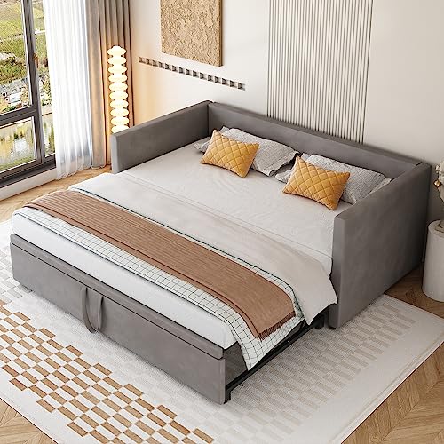 ZYLOYAL10 Polsterbett Ausziehbares Schlafsofa 90/180 * 200 cm mit Lattenrosten, Multifunktionsbett aus hautfreundlichem Samtstoff (Grau)