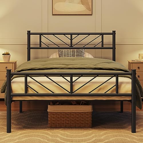 Yaheetech Metallbett 90 x 190 cm Minimalistischer Bettrahmen mit Kopfteil Gästebett mit Lattenrost für Schlafzimmer Gästezimmer 32cm Höhe unter dem Bett Schwarz