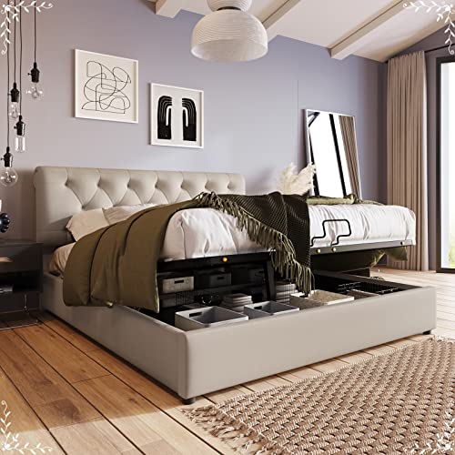 AMDXD Home Hydraulisch Doppelbett Polsterbett 160x200cm, Verstellbares Kopfteil, Bett mit Lattenrost Metallrahmen, Bettgestell mit Stauraum, Holzfarbe