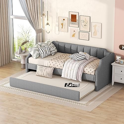 Kehun Kinderbett Polsterbett 90x200 cm, Schlafsofa Tagesbett mit Ausziehbares Rollbett, Sofabett Jugendbett mit Lattenrost aus Holz, Gästebett für Wohnzimmer Schlafzimmer, Leinen, Grau, Ohne Matratze