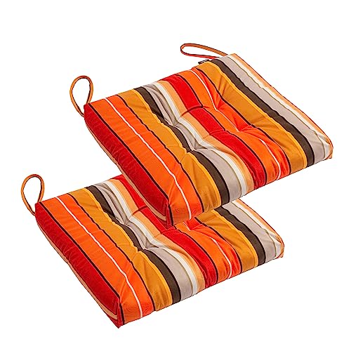 Makimoo 2er-Pack Outdoor/Indoor Patio Sitzkissenauflage aus Korbgeflecht mit Bändern - Wetterfestes, dekoratives Esszimmerstuhlkissen, 42 x 42 cm (Orangefarbene und rote Streifen)