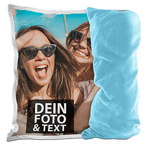 PR Print Royal Flauschigen Fotokissenbezug selbst gestalten - Kissenbezug personalisierbar mit Foto und Wunschtext, Geschenk zum Geburtstag | 40 x 40 cm - flauschig - Rückseite Hellblau