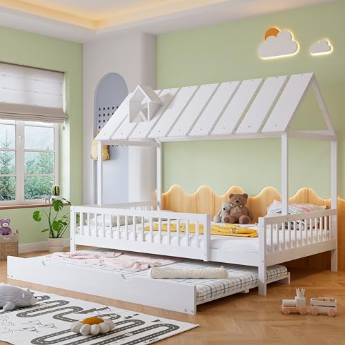 Kinderbett Hausbett 120x200, Funktionsbett mit Rollbett 120x190, Dach mit Kaminleiste, Holzbett mit 3-seitigem Gitter & Lattenrost, Kinder Bett Jugendbett Bettgestell für Jungen Mädchen, Kiefer, Weiß